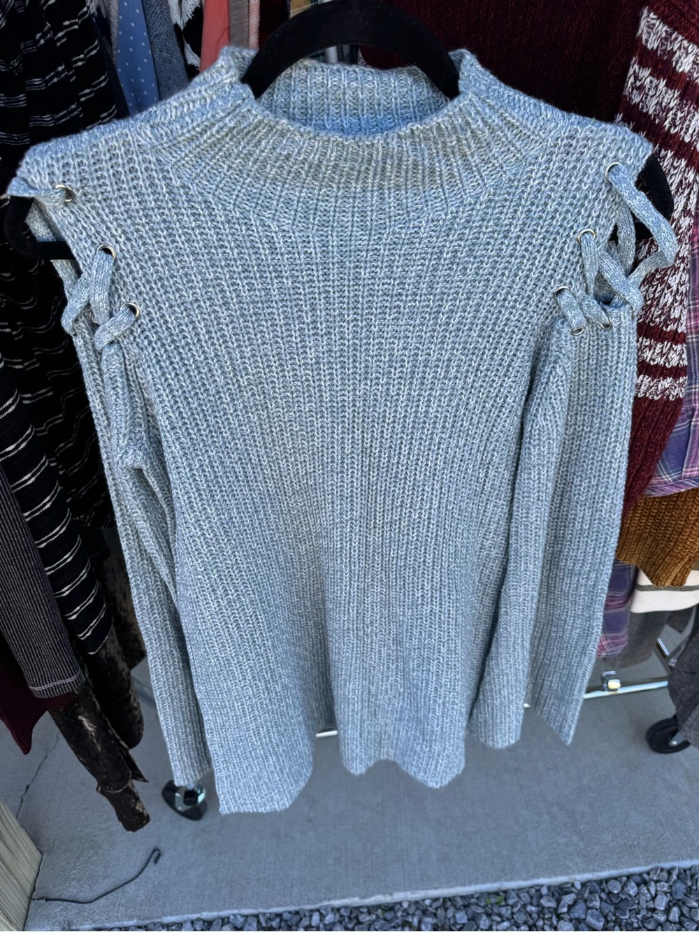 Hem & Thread Light Gray Lace-Up Shoulder Knit Sweater
